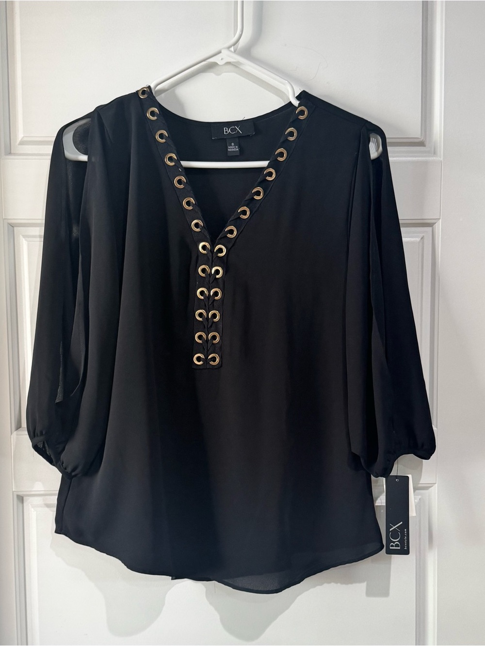 BCX Black V-Neck Grommet Accent Blouse